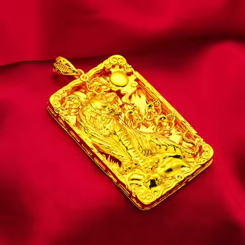24K Gold Tiger Pendant Square Plate | AU999 Pure Gold, 3D tiger relief, diamond - set hollow square,