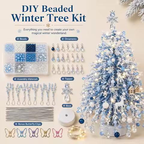 8pcs Set Free Clips Mini Desktop Tree Kit with Velvet Branches And Snowflake Ornaments - Winter Bead