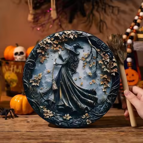Halloween Shaman Frame Drum with Beater, 10" Spooky Pumpkin/Ghost/Witch Design Hand Drum for Party, 