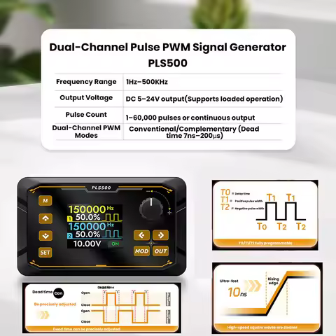 PLS500 Pulse PWM 1Hz~500kHz Signal Generator 2 CH Frequency Meter adjustable Dead Time Duty Cycle Pr