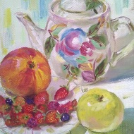 茶壺靜物, 水果原油畫, 精美的藝術茶時間