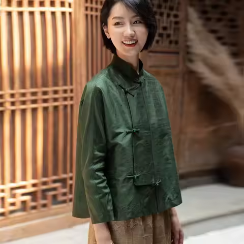 Dark Green Chinese Collar Long Sleeves Ethnic Style Shirt Women Cheongsam Top Tang Suit Vintage Femm