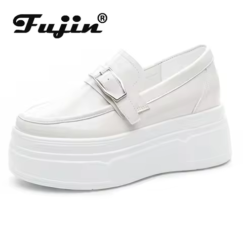 Fujin 8.5cm Patent Leather Platform Wedge Autumn Breathable Slip on Pumps Spring Synthetic Mary Jane