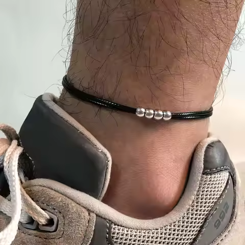 Men's Stylish Black Rope Chain Ankle Bracelets for Boys,Waterproof Stainless Steel Feather Beads Cha