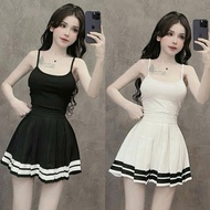 Women's 2-Piece Shirt Set Mixed with Striped Pleated Skirt