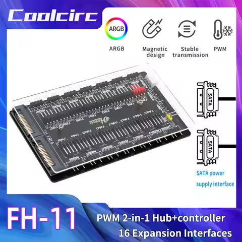 COOLCIRC ARGB PWM Fan Hub 4Pin/3Pin 1-to-16 Way Splitter SATA Powered Adapter for PC RGB/LED Fan & L