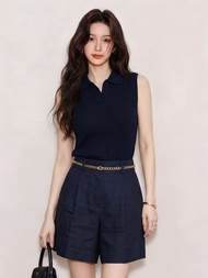 QFN | ชุดเสื้อกั๊กและกางเกงขาสั้นแบบถัก คอโปโล สำหรับฤดูร้อน