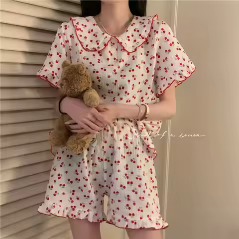 100% Cotton Summer Sleepwear Korean Pajamas for Women Pijama Cherry Print Pyjamas Female Set Woman 2