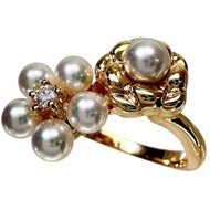 MIKIMOTO（9號）珍珠鑲嵌3.2-3.7毫米鑽石戒指，18K金，3.7克，女士款 [二手]