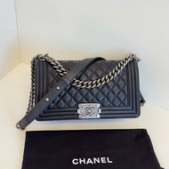 香奈兒/Chanel 黑銀牛皮leboy 中號鏈條包