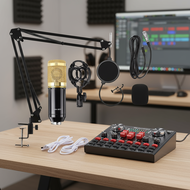 BM-800 Condenser Mic Set 3.5mm Cable Plus V8 Multi-Function Live Audio Board for PC Phone  Set Mikro