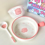 Ceramic Bowl Set with Handle 3 Premium Fat PigPiece with Free Chopsticks