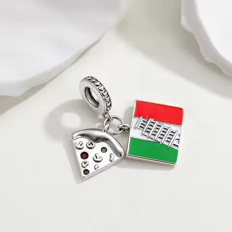 925 Sterling Silver Italy Pizza & Flag Charm Leaning Tower Of Pisa Bead Fit Original Bracelets Trave