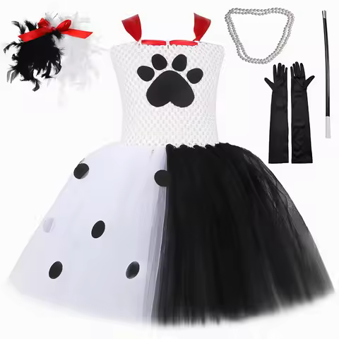 Girls Dalmatian Cruella Deville Costume Kids Polka Dots Black White Witch Tutu Dress Baby Kids Hallo