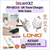 Original LDNIO A2316C 20W Fast Charge Charger QC3.0 + PD Fast Charge UK 3pin plug Type C