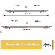 "WL.Rocaille Curtain Pole 16/19mm Diamete / Adjustable Length from 70-130cm  Single Extendable Curtain Rod Set Includes