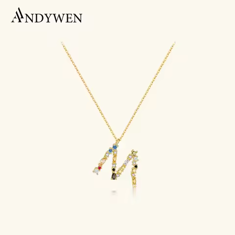 ANDYWEN 925 Sterling Silver Gold Letter M Pendant Initial F Alphabet Necklace Monogram Opals 2020 Wo