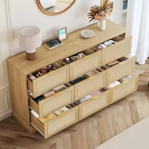 9 Drawer Dresser for Bedroom, 60 Inch Long Dressers & Rattan Chest of Drawers, Large TV Stand for 55