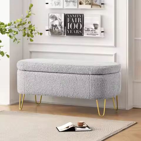 Oval Storage Bench for Living Room Bedroom End of Bed, Upholstered Storage Ottoman Entryway Bench 34