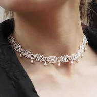 Female Lace Clavicle Chain Chain 925 Silver Engraved Black White Two-Color Water Drop Necklace High-