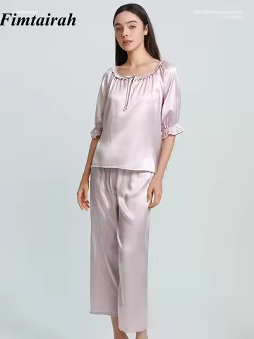 Pajama 100% Silk Set FIMTAIRAH 100% Silk two-piece pajama loose set, spring and summer medium sleeve