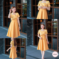 ชุดเดรสผ้าทอลายลายช้าง คอเหลี่ยมแต่งระบาย แขนกระบอก กระโปรงบาน8ชิ้น อัดกาวทั้งชุด ทุกชิ้น ซิปซ่อนด้า