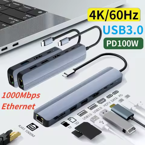 USB C Docking Station with 4K@60Hz HDMI-compatible 1Gbps Ethernet PD100W Multi-port USB 3.0 Hub for 