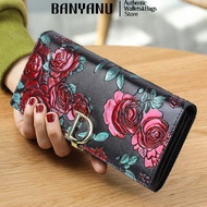 【Glistening shop】 Rose Printed Cow Genuine Leather Wallet Women Long Wallet Credit Card Holder Lady 