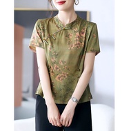 Fashionable Ladys Qipao Collar Shirt Summer Outfit Traditional Chinese Style Loose Fit Polyester Ble