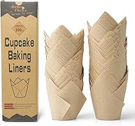 [Nordic 75GSM Paper] 200pcs Natural Tulip Cupcake Liners for Baking Cups, Unbleached EU Parchment paper Tulip Muffin Liners, Cupcake Wrapper for Party, Christmas by Bake Choice