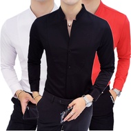 เสื้อแขนยาวยืดชายสีดำ/คุณภาพสูงผู้ชายคอตั้งเข้ารูปพอดีบริสุทธิ์เสื้อทำงานสีแดงสีขาว Camisa เสื้อเชิ๊