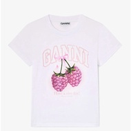 Pre-Order Ganni White T-Shirt rasberry Pattern Fitted Model