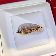 百貨Cartier 卡地亞 經典三環戒 鉑金+黃金+玫瑰金三色合一戒指 環抱鑲嵌 S925純銀鍍金  專櫃對版 精工鑲鑽
