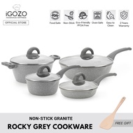 iGOZO Rocky Grey Non-Stick Granite Cookware - Saucepan/Casserole Pot/Frying Pan/Stir-Fry Wok [Free Wooden Spatula]
