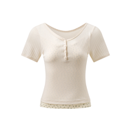 เสื้อยืดคอกลมแขนสั้นผ้าถักลายดอกไม้ลูกไม้ Take Chances เสื้อชั้นในผู้หญิงฤดูร้อนคอวีแขนสั้นผ้าฝ้ายผส