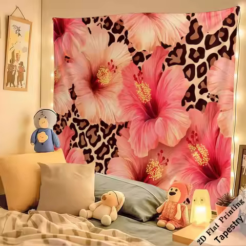 1pc Pink Hibiscus Leopard Print Tapestry, Floral Animal Wall Hanging, Cool Room Stuff, Large Size, P