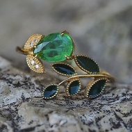 Floral ring with Enamel Green Leaves with emerald, diamonds gold.
