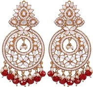 Bollywood Jewellery Traditional Ethnic Bridal Bride Wedding Bridesmaid Gold-Plated Kundan Mirror &amp; Red Pearl Dangler Earring, Cotton Pearl