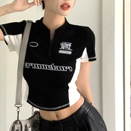 FZ87 ️Women's Short-Sleeved Crop Top Small Zip Collar Contrast Color Design Letter Print Waist-Cinch