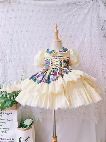 0-12Y Baby Girl Summer Beige Turkish Vintage Princess Ball Gown Dress for Birthday Holiday Eid B407