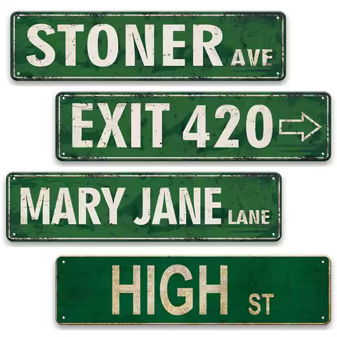 Retro Green "Stoner Ave / Exit 420 / Mary Jane Lane / High St" Street Sign Tin Sign Set, Funny Humor