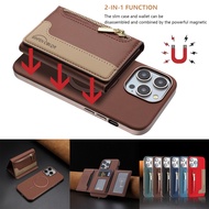 Magnetic Detachable 2 in 1 Zip Leather Wallet Card Phone Case For iPhone 16 Pro Max 15 Plus 14 13 12