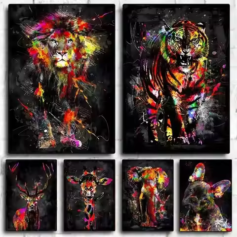 Canvas Painting Prints Poster Wall Art Picture Abstract Colorful King Lion Tiger Fox Dog Elephant Gr