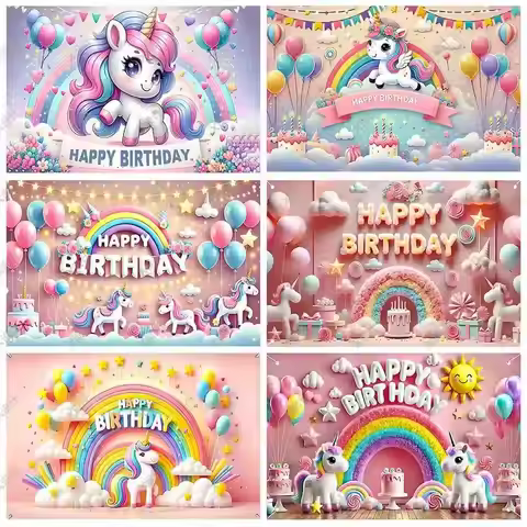 3D Cute Unicorn Background Girl Birthday Party Cake Table Pink Decoration Supplies Banner Baby Showe