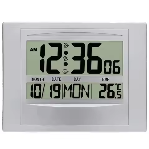 Silver Digital Wall Clocks Atomic Desk Alarm Large Display Battery Operated Calendar Wall Sticks Hom