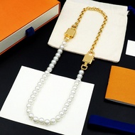 V Letter Double Lock Pearl Necklace Detachable Chain Pearl Lock Necklace Couple