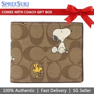 Coach Men Men Wallet In Gift Box Coach X Peanuts 3 In 1 Wallet In Signature Canvas With Snoopy W Khaki # CE714