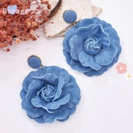 BORRAONE Blue Rose Earrings, Denims Ornament Denim Blue Fabric Earrings, Handmade Exaggerate Denim F