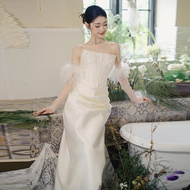 เรียบหรู ผ้าซาติน เจ้าสาว ชุดราตรี แขนกุด งานแต่งงาน เดรส French Exit Veil Forest System เจ้าสาวใหม่