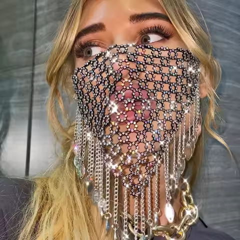 Reusable Fishing Net Rhinestone Mask Tassel Bling Face Cover Shining Hollow Masquerade Mask Girl